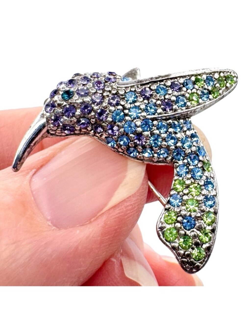 Monet Hummingbird Brooch Pin Silver Tone Pave Purple Blue Green Rhinestones 1" - Picture 4 of 16